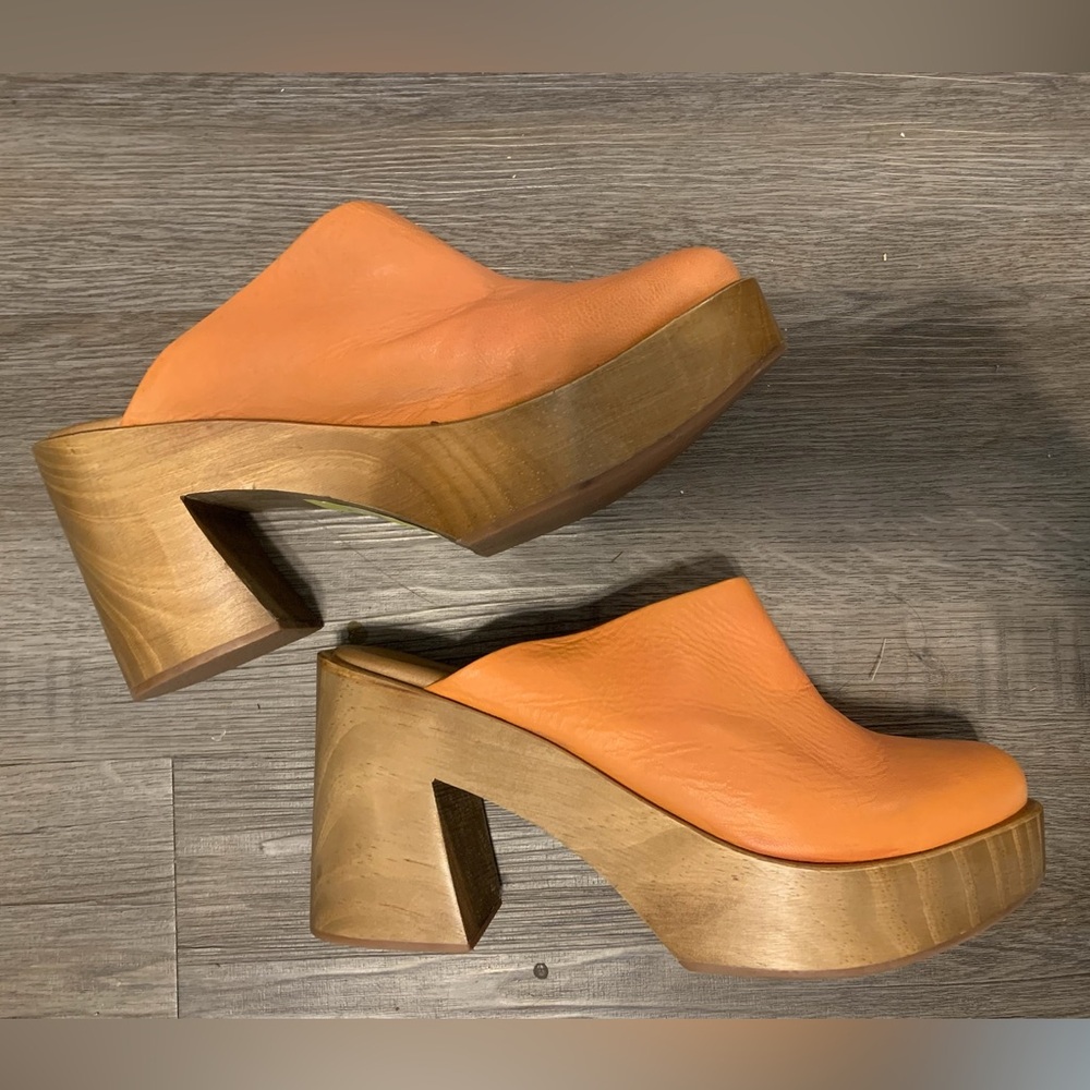 Free People Suki Peach Leather Chunky Platform Slip On Mule Clogs size 39.5 - Picture 2 of 9